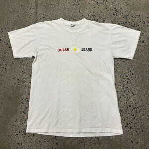 VINTAGE Guess Jeans Flower Shirt Mens Large White Spell Out Crew Neck 90s 1991